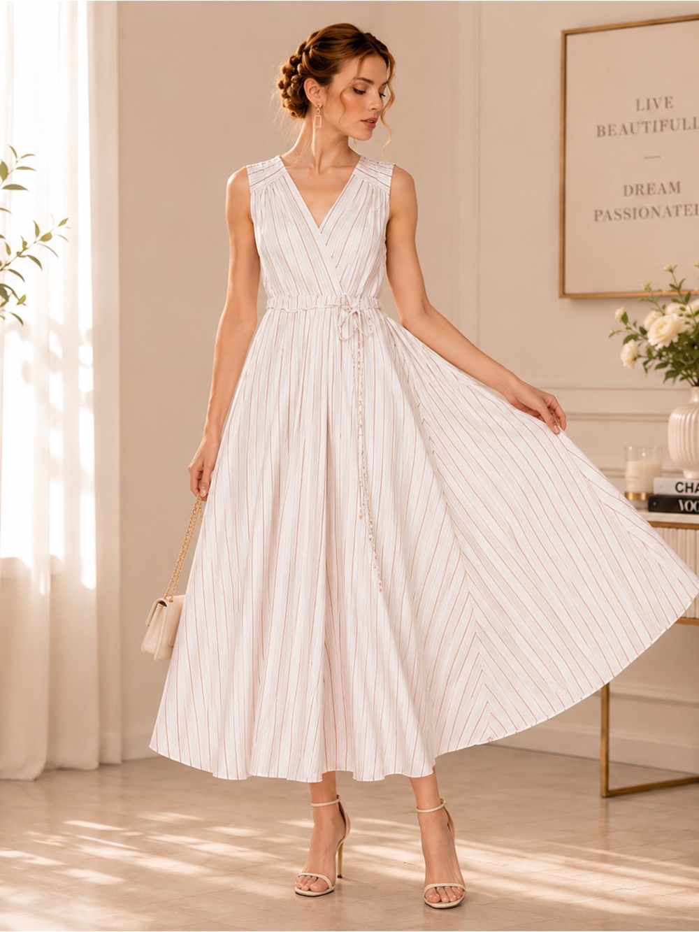 Calvin Klein Cream and White Striped Wrap Midi Dress - Picture 3 of 9